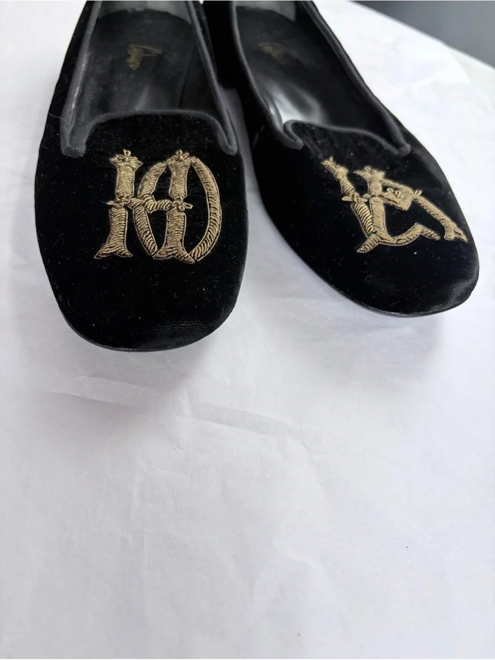 Castaner Black Velvet Loafers with Gold Monogram size 39
